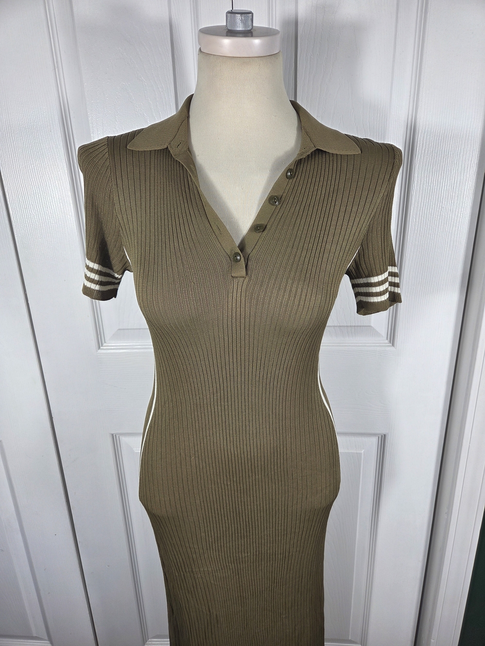 Rag & Bone Peyton Polo Dress M Deep Olive Ribbed Knit Striped Midi Maxi